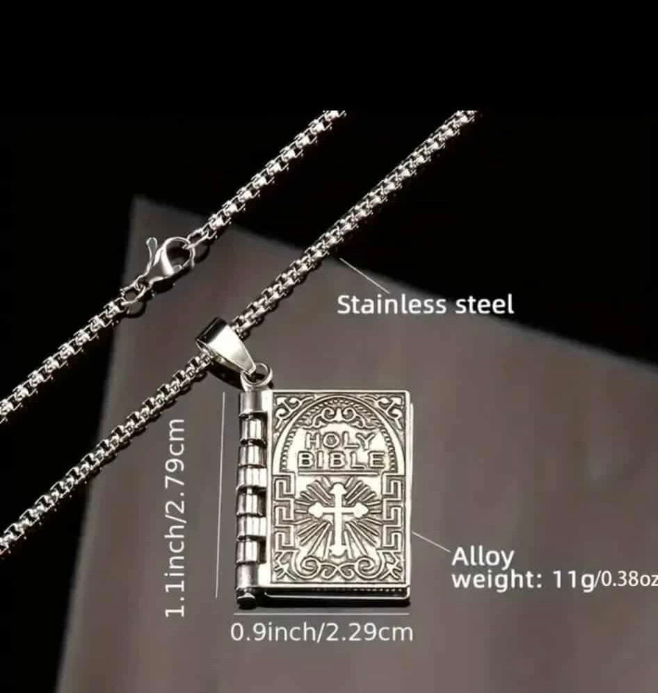 Stainless Steel Lords Prayer Necklace with Open Bible Pendant