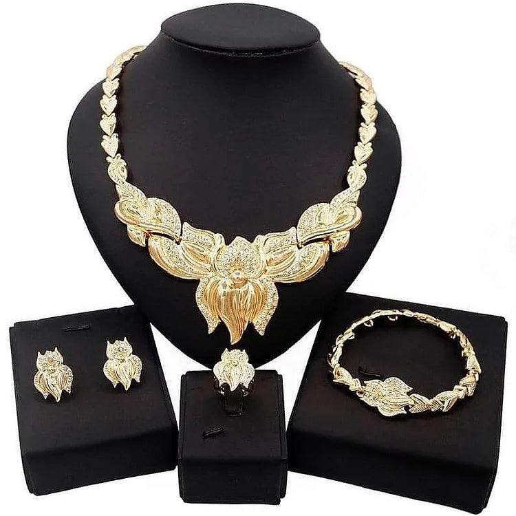 Stylized Jewelry Set 18K Gold-Filled Necklace, Earrings, Bracelet and Ring.
