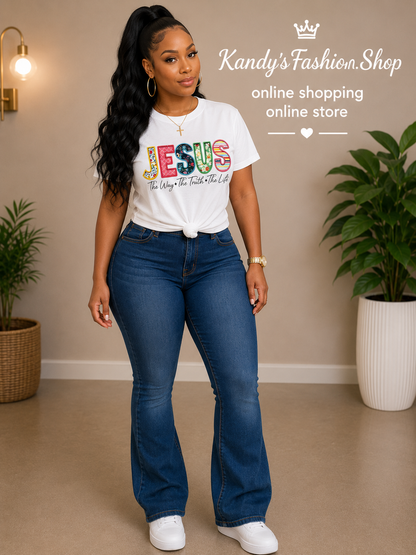 Christian T-Shirt-Jesus Is The Way Truth Life Bible Texts Printed Shirt-Floral Pattern White - Religious Machine Washable Everyday Devotion, Women’s and Girls T-Shirts