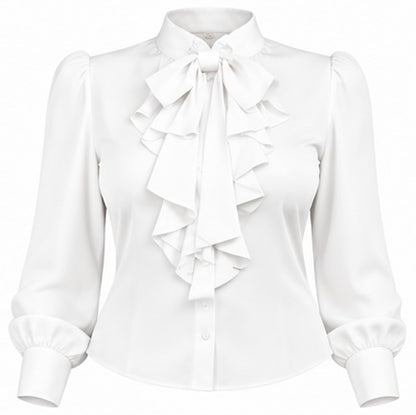 Women's Elegant Long Sleeve Blouse, Wine Red With Tie Collar, Ruffle And Bow Details, Regular Fit Top, Suitable For Work, Spring, Church