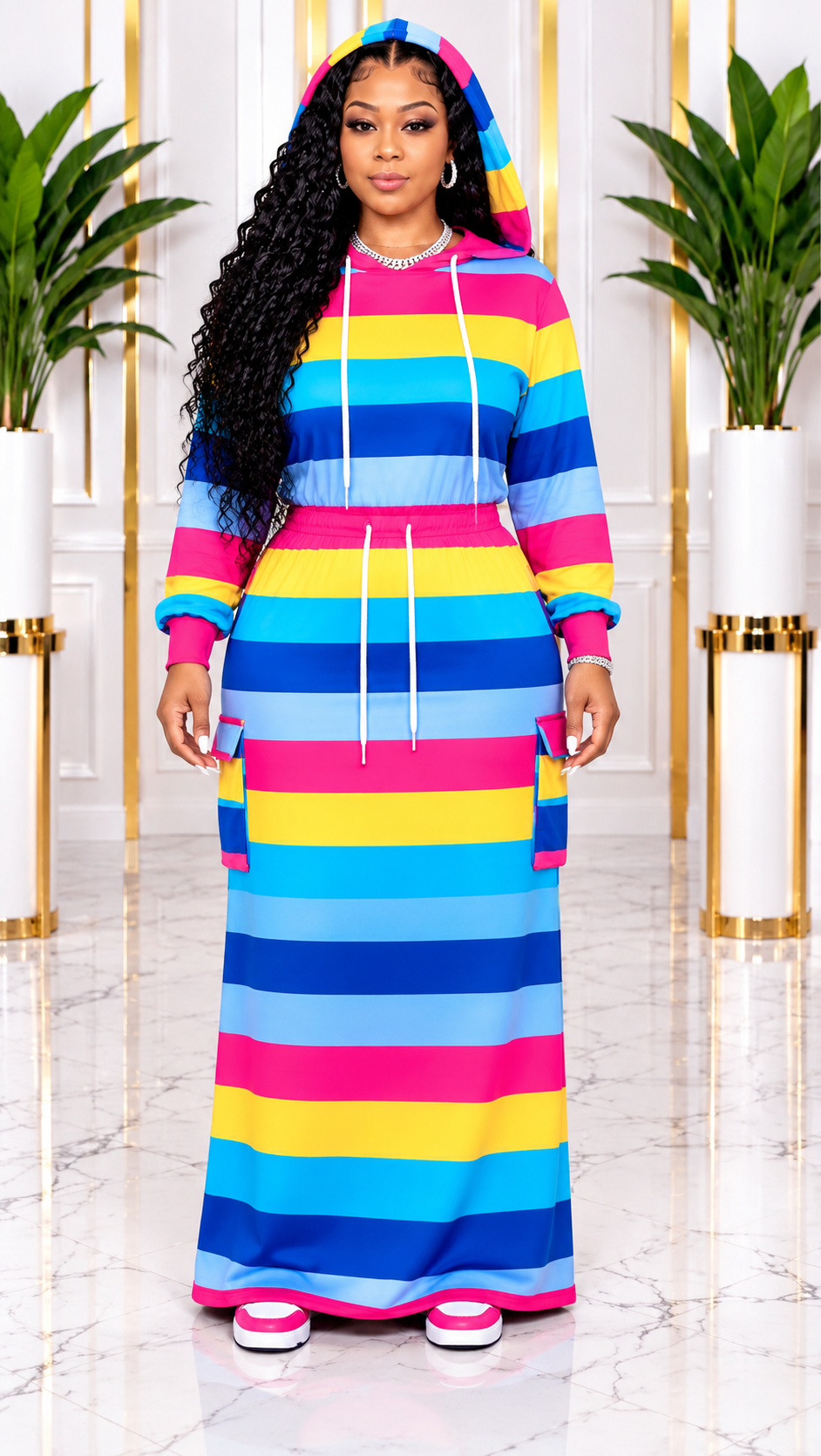 Women's Plus-Size Striped Hooded Top & Skirt Set