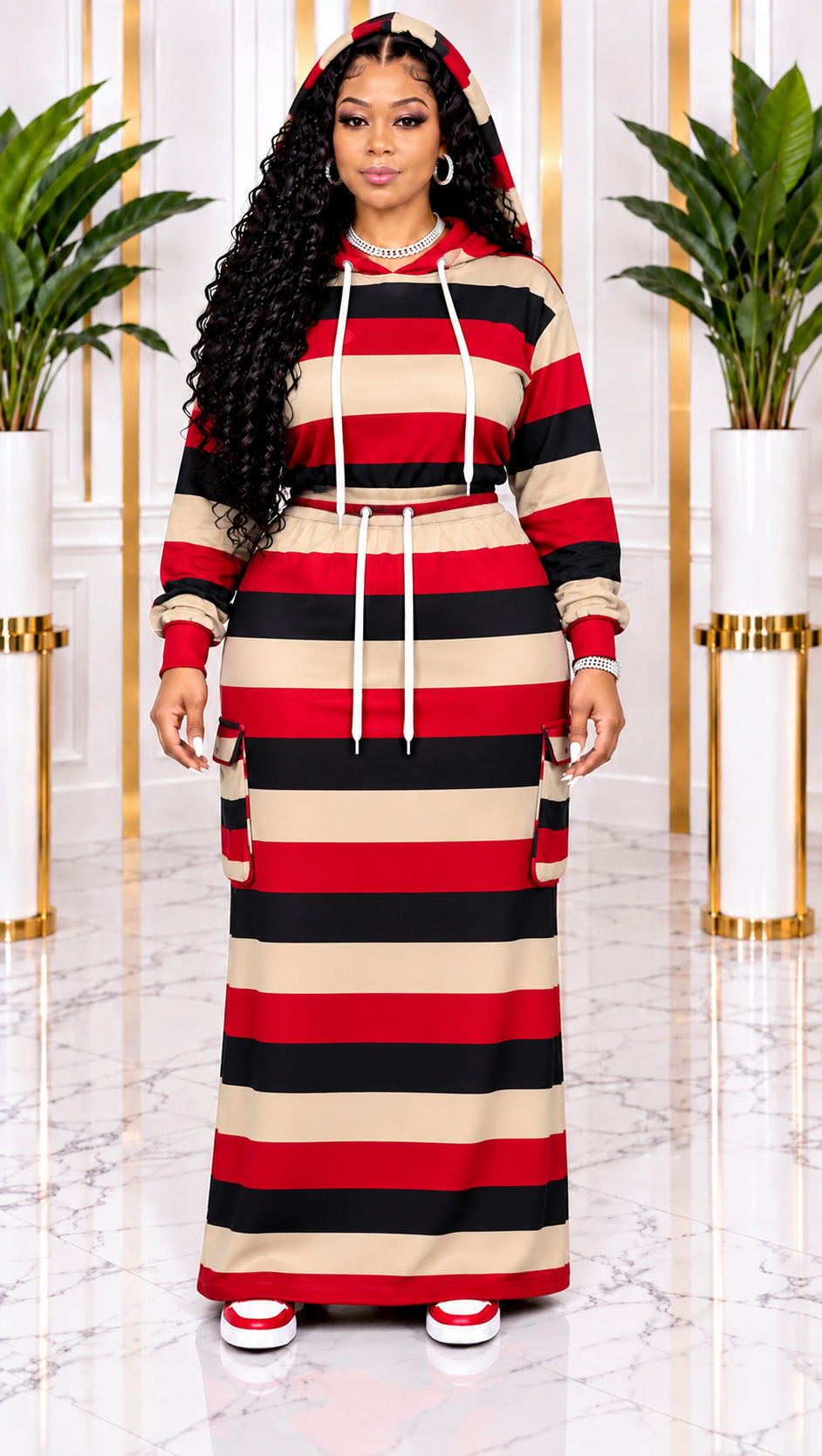 Women's Plus-Size Striped Hooded Top & Skirt Set