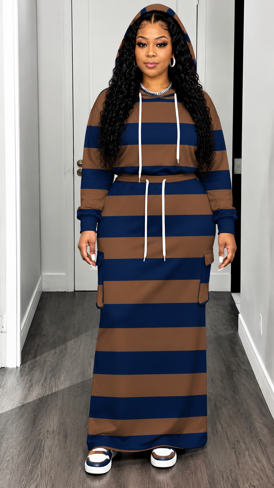 Women's Plus-Size Striped Hooded Top & Skirt Set
