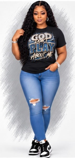 100% Cotton]
"God Doesn't Play Games About Me" Women's T-Shirt | Denim-Look Rhinestone Print Top – Christian-Style Top