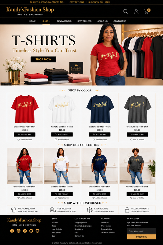 Women's Oversized Short Sleeve T-Shirt With Gold Foil "Grateful" Cursive Letter Print, Crew Neck, Casual Loose Fit Graphic Tee, Daily Streetwear Top