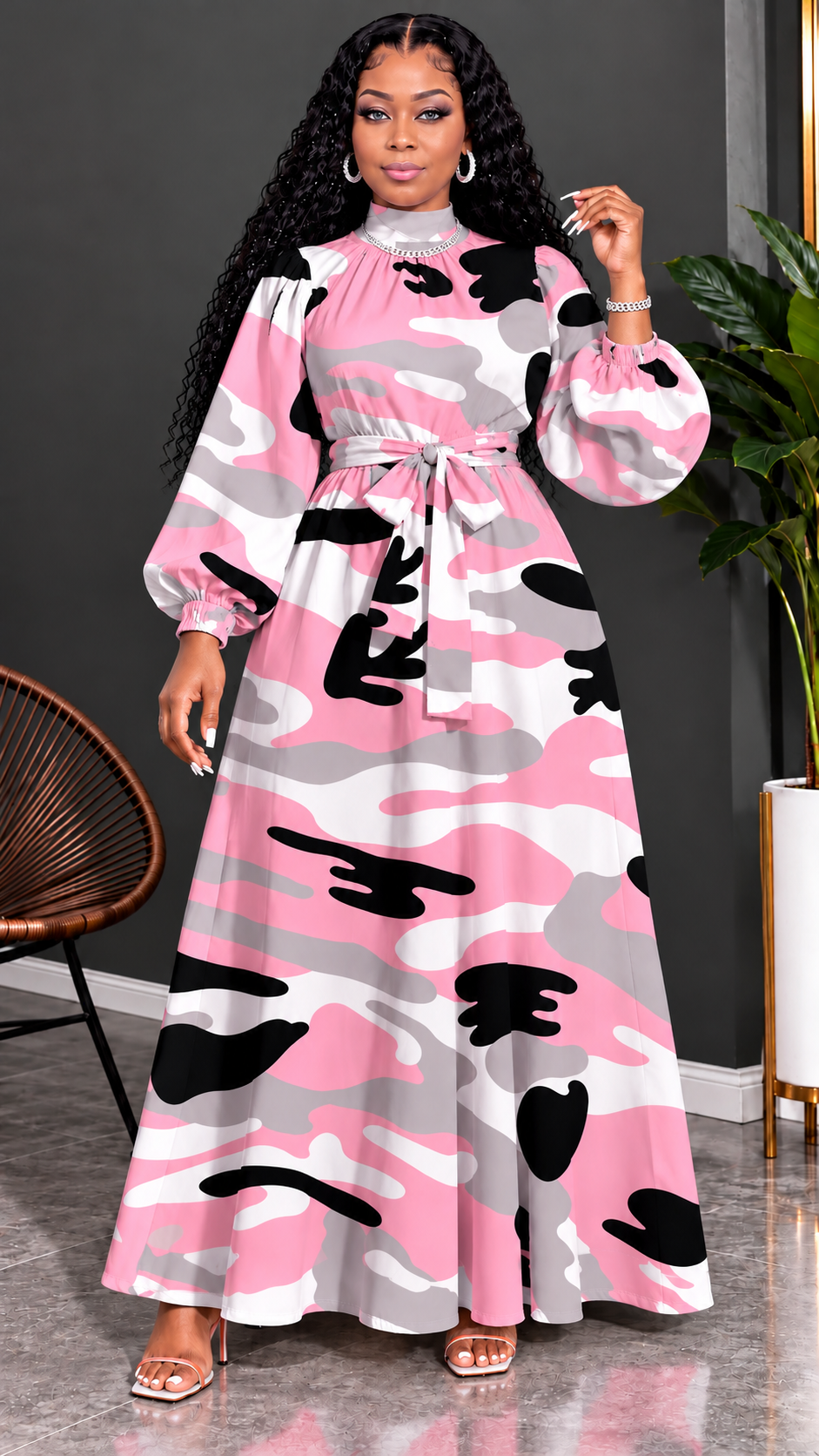Women’s Plus Size Camouflage Print Maxi Dress

Step out in style with this beautiful plus-size camouflage maxi dress. Featuring elegant lantern sleeves, a flattering A-line silhouette, a round neckline, and an adjustable tie waist for a comfortable, femin