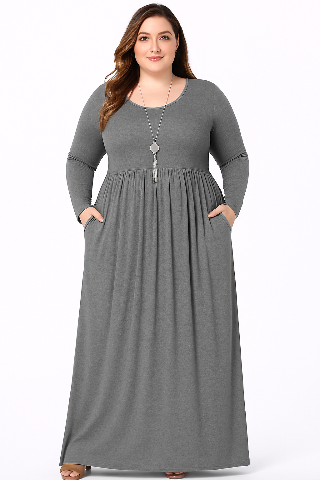 Women's Long Sleeve Loose Plain Maxi Dresses Casual Long Dresses with Pockets