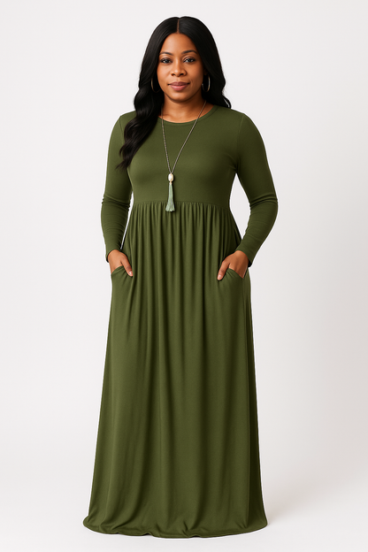 Women's Long Sleeve Loose Plain Maxi Dresses Casual Long Dresses with Pockets