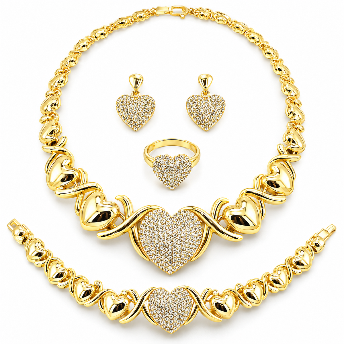 HUGS & KISSES Necklace Set with Necklace Earrings Ring Bracelet- I Love You Silver Layered Real Gold Filled Jewelry.