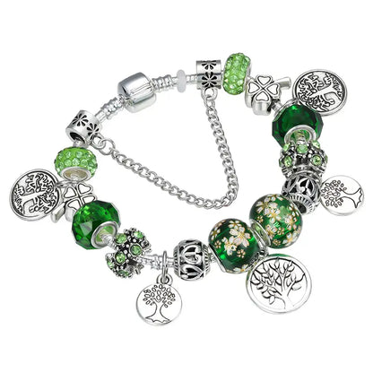 Stunning Green Bead Silvery Tree of Life Bracelet