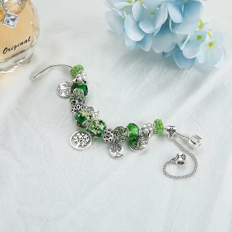 Stunning Green Bead Silvery Tree of Life Bracelet