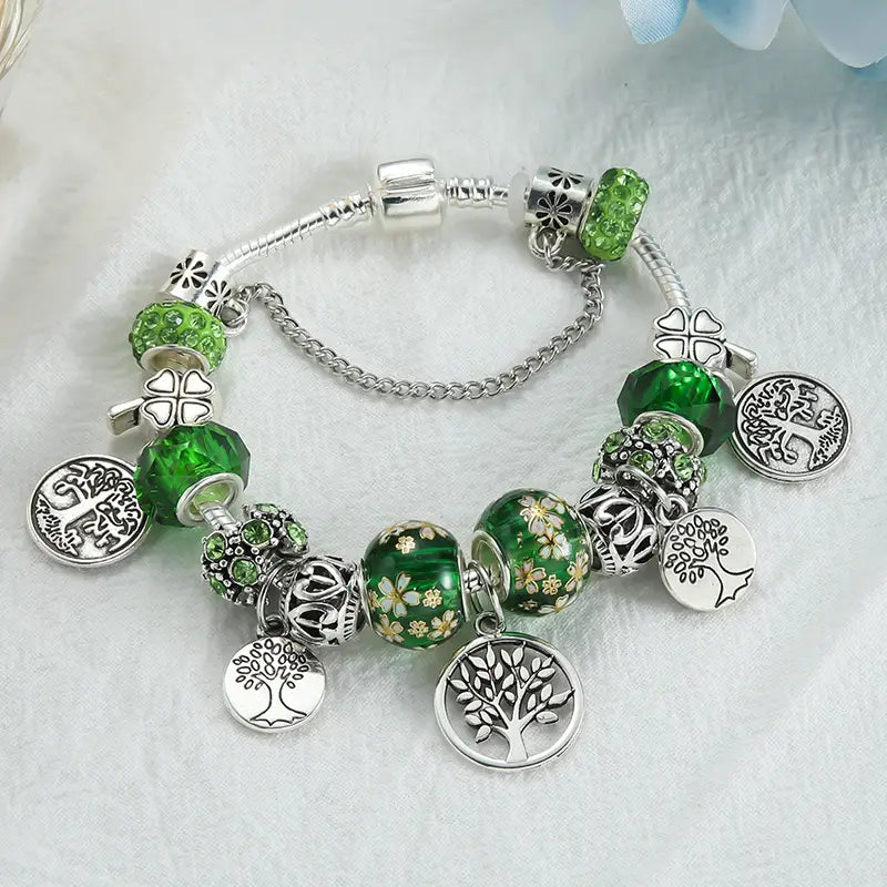 Stunning Green Bead Silvery Tree of Life Bracelet