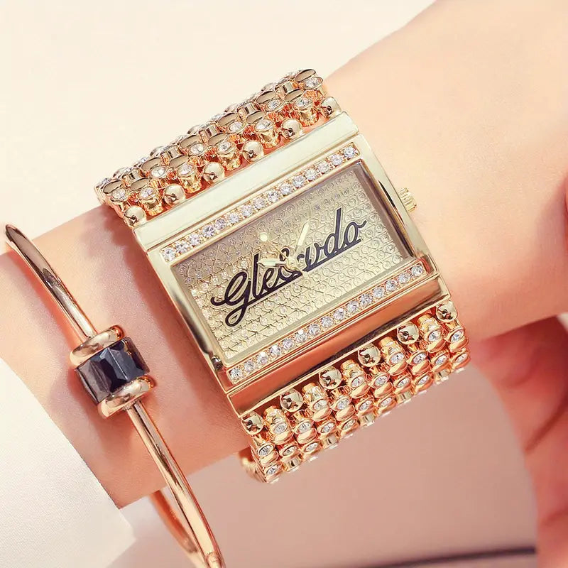 Women's Watch Luxury Rhinestone Rectangle Pointer Quartz Watch Fashion Analog Bangle Cuff Wrist Watch