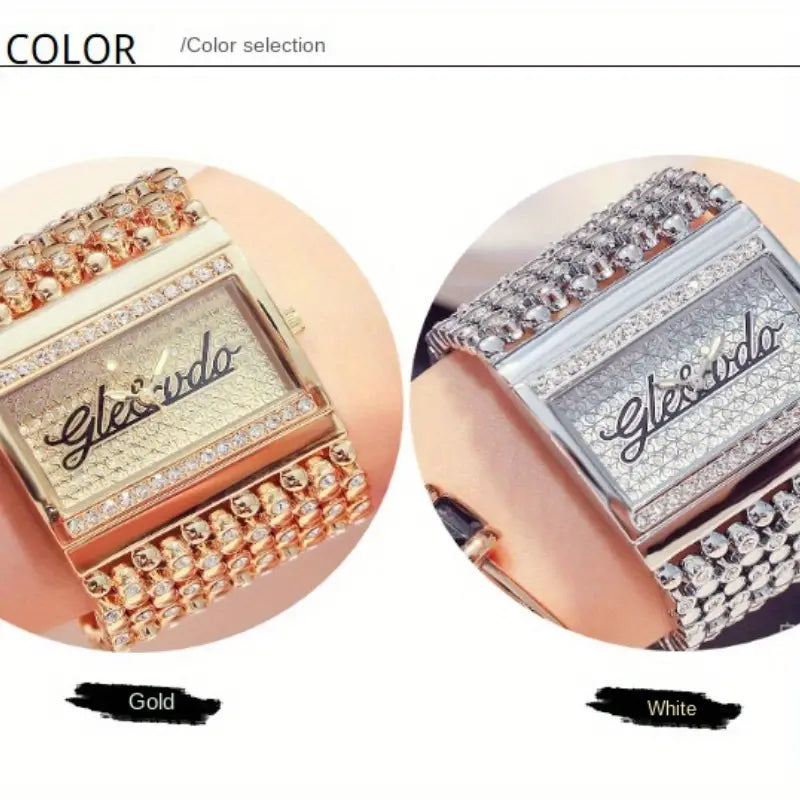 Women's Watch Luxury Rhinestone Rectangle Pointer Quartz Watch Fashion Analog Bangle Cuff Wrist Watch