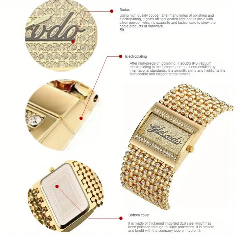 Women's Watch Luxury Rhinestone Rectangle Pointer Quartz Watch Fashion Analog Bangle Cuff Wrist Watch