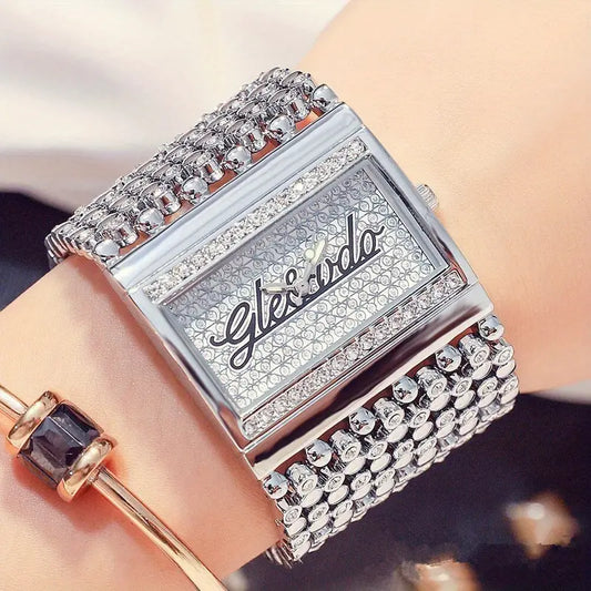 Women's Watch Luxury Rhinestone Rectangle Pointer Quartz Watch Fashion Analog Bangle Cuff Wrist Watch