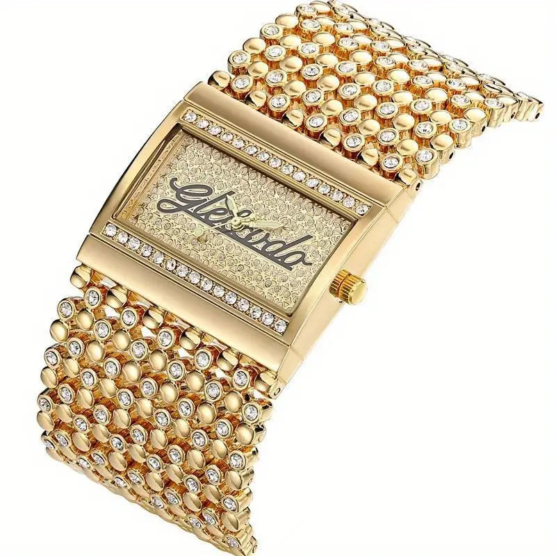 Women's Watch Luxury Rhinestone Rectangle Pointer Quartz Watch Fashion Analog Bangle Cuff Wrist Watch