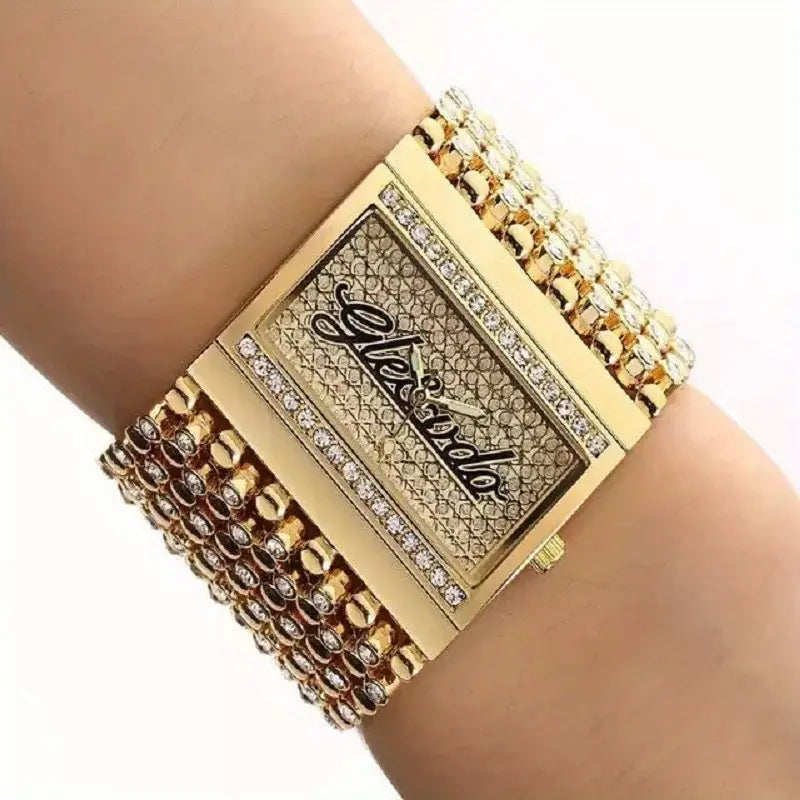 Women's Watch Luxury Rhinestone Rectangle Pointer Quartz Watch Fashion Analog Bangle Cuff Wrist Watch