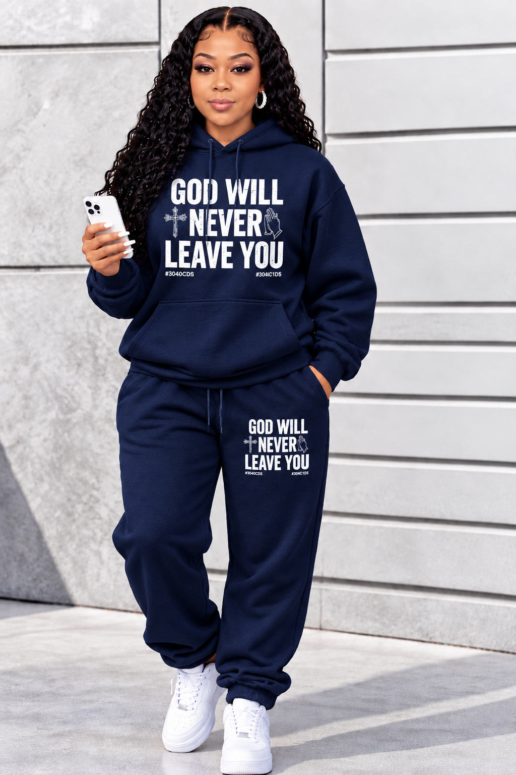 Women’s Christian Graphic Hoodie & Sweatpants Set – “GOD WILL NEVER LEAVE YOU” Faith-Inspired Two-Piece Outfit