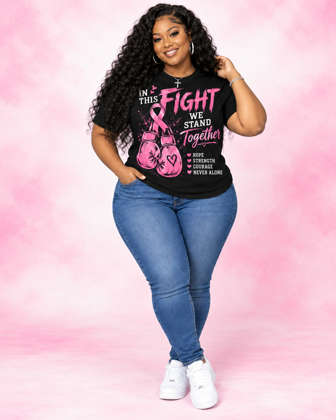 100% Cotton Women’s Breast Cancer Awareness T-Shirt Featuring Pink Ribbon and Boxing Gloves Graphic, Inspirational Hope, Strength & Courage Design, Comfortable Crew Neck Short Sleeve Tee, Perfect for Everyday Wear and Support Gifts.