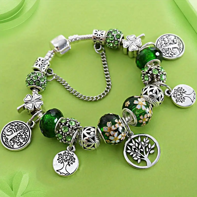 Stunning Green Bead Silvery Tree of Life Bracelet