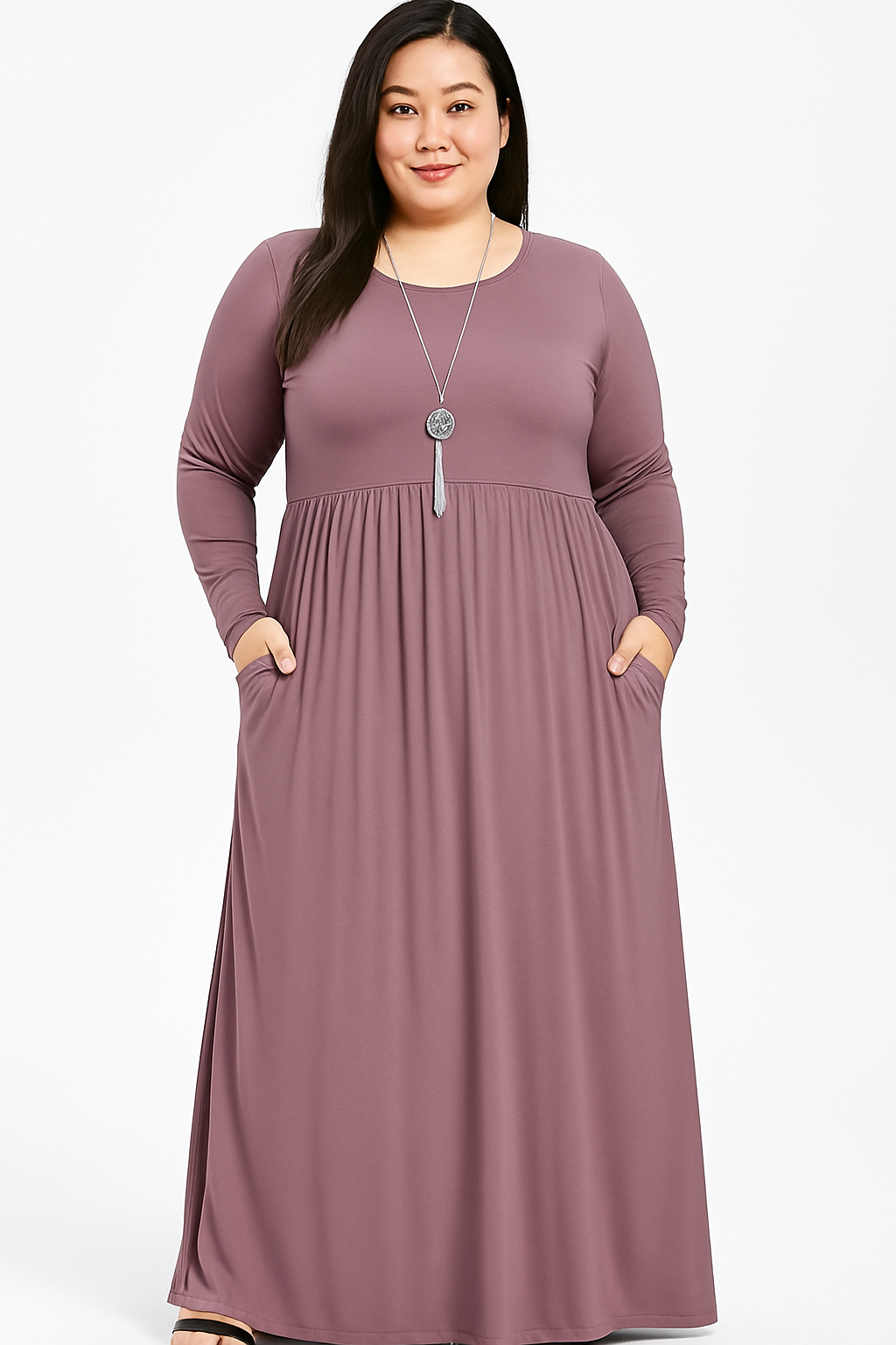 Women's Long Sleeve Loose Plain Maxi Dresses Casual Long Dresses with Pockets