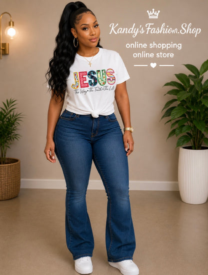 Christian T-Shirt-Jesus Is The Way Truth Life Bible Texts Printed Shirt-Floral Pattern White - Religious Machine Washable Everyday Devotion, Women’s and Girls T-Shirts