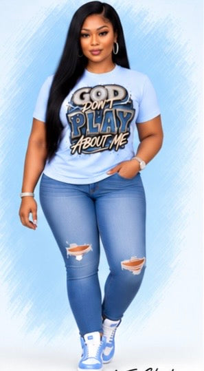 100% Cotton]
"God Doesn't Play Games About Me" Women's T-Shirt | Denim-Look Rhinestone Print Top – Christian-Style Top