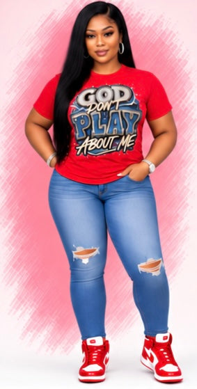 100% Cotton]
"God Doesn't Play Games About Me" Women's T-Shirt | Denim-Look Rhinestone Print Top – Christian-Style Top