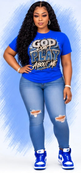 100% Cotton]
"God Doesn't Play Games About Me" Women's T-Shirt | Denim-Look Rhinestone Print Top – Christian-Style Top