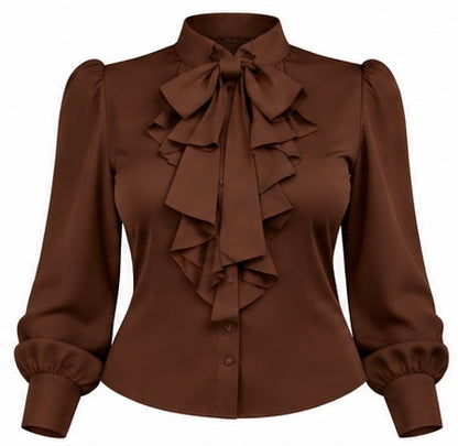 Women's Elegant Long Sleeve Blouse, Wine Red With Tie Collar, Ruffle And Bow Details, Regular Fit Top, Suitable For Work, Spring, Church