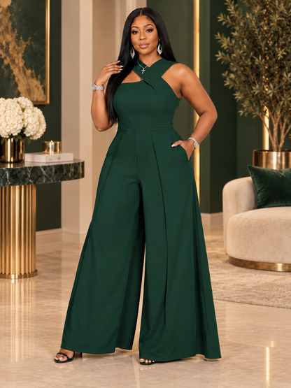 Solid Color Pocket Open Back Minimalist Jumpsuit, Casual For Everyday Wear