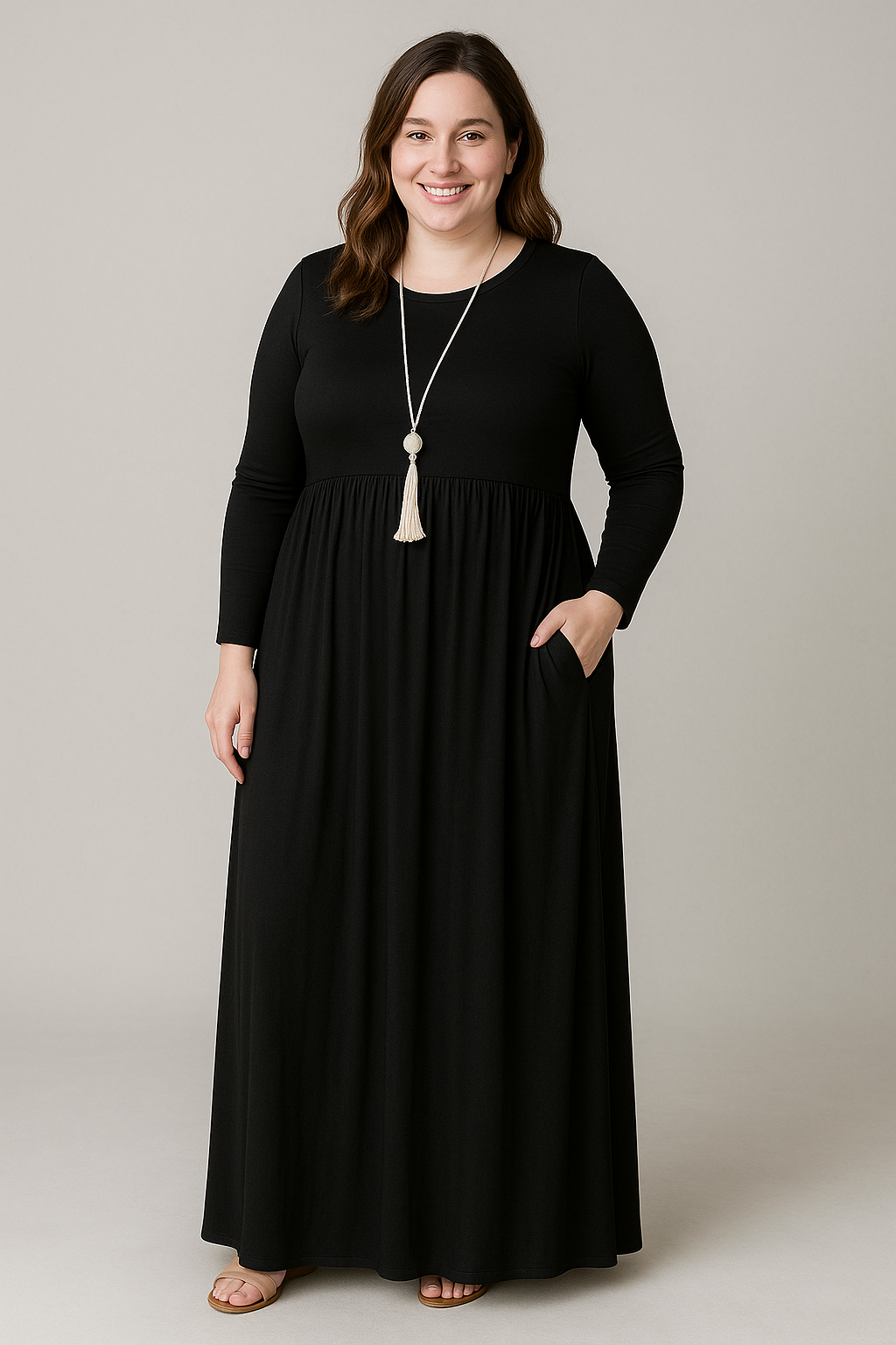 Women's Long Sleeve Loose Plain Maxi Dresses Casual Long Dresses with Pockets