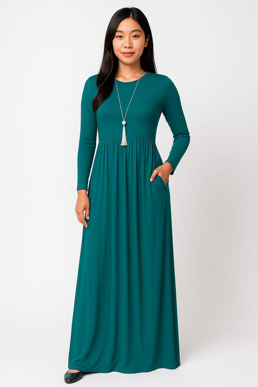 Women's Long Sleeve Loose Plain Maxi Dresses Casual Long Dresses with Pockets