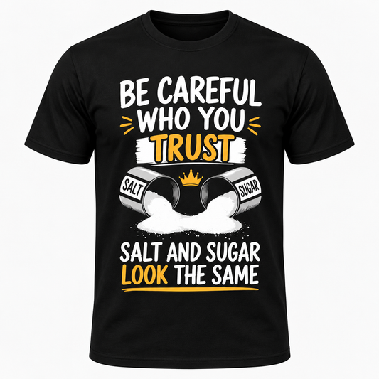 Men’s Black Short-Sleeve Graphic T-Shirt – Bold “BE CAREFUL WHO YOU TRUST” Statement Design Featuring Overturned Salt and Sugar Shakers, Stylish Crew Neck, Comfortable Fit, Perfect for Casual Everyday Wear.
