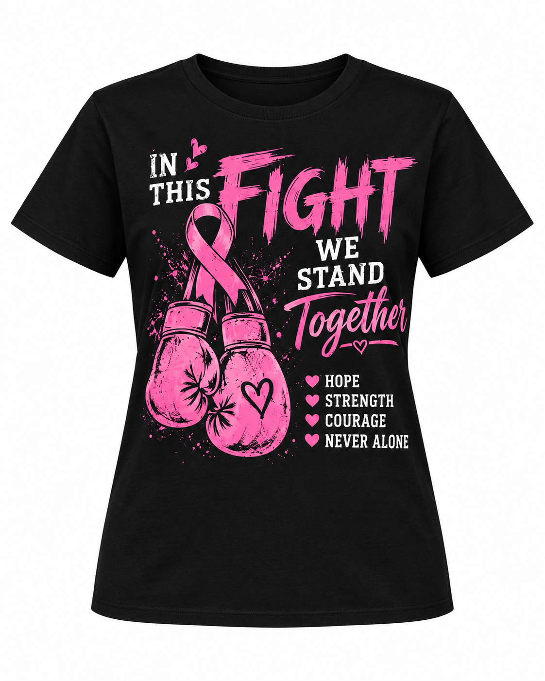 100% Cotton Women’s Breast Cancer Awareness T-Shirt Featuring Pink Ribbon and Boxing Gloves Graphic, Inspirational Hope, Strength & Courage Design, Comfortable Crew Neck Short Sleeve Tee, Perfect for Everyday Wear and Support Gifts.