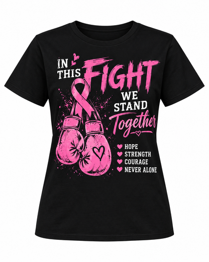 100% Cotton Women’s Breast Cancer Awareness T-Shirt Featuring Pink Ribbon and Boxing Gloves Graphic, Inspirational Hope, Strength & Courage Design, Comfortable Crew Neck Short Sleeve Tee, Perfect for Everyday Wear and Support Gifts.