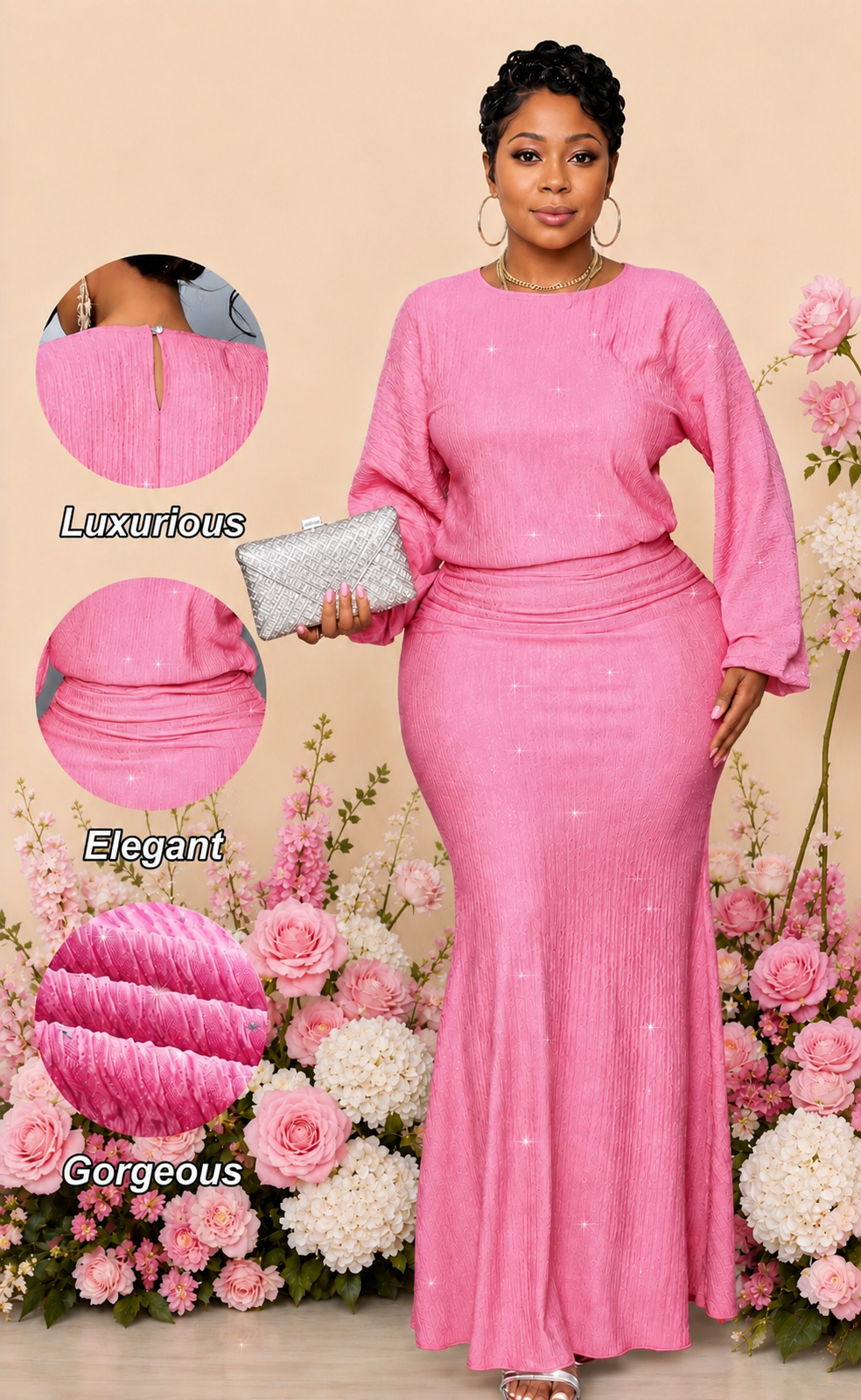 Luxury Pink Mermaid Maxi Dress
Experience timeless elegance with this beautifully crafted bodycon dress. Its flattering fit, premium textured fabric, and flowing mermaid hem create a sophisticated look that transitions effortlessly from daytime elegance t