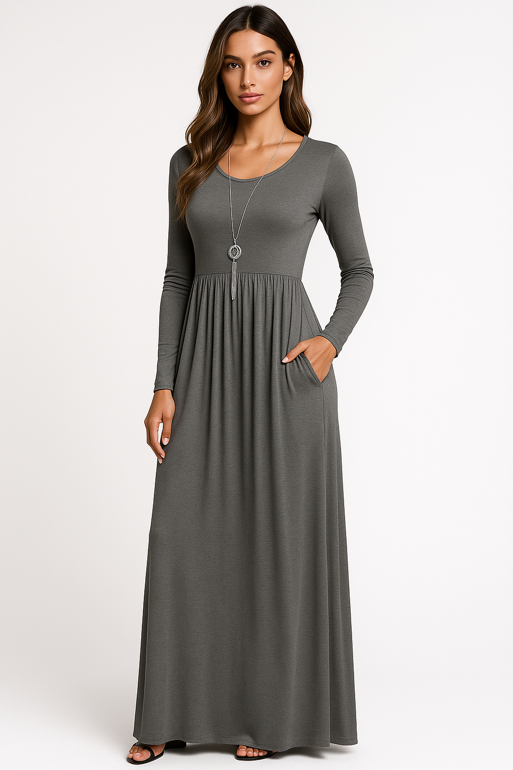 Women's Long Sleeve Loose Plain Maxi Dresses Casual Long Dresses with Pockets