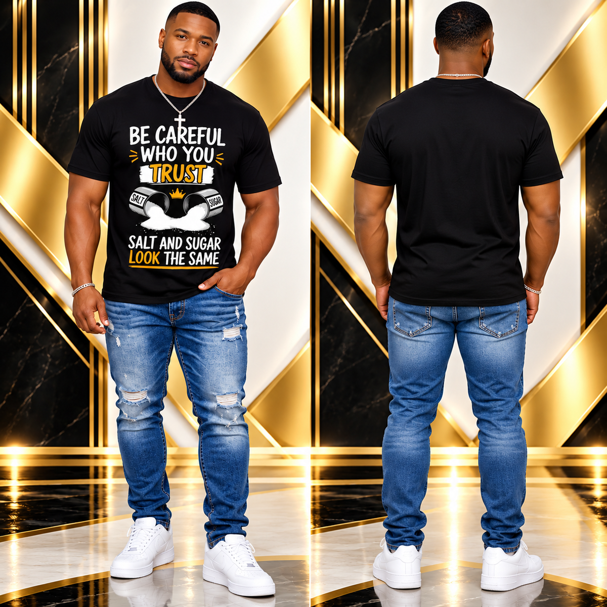 Men’s Black Short-Sleeve Graphic T-Shirt – Bold “BE CAREFUL WHO YOU TRUST” Statement Design Featuring Overturned Salt and Sugar Shakers, Stylish Crew Neck, Comfortable Fit, Perfect for Casual Everyday Wear.
