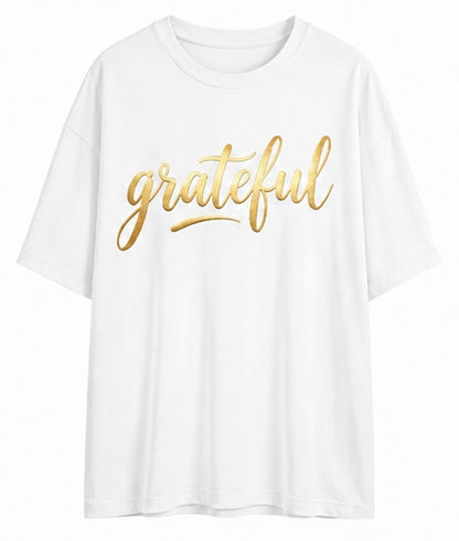 Women's Oversized Short Sleeve T-Shirt With Gold Foil "Grateful" Cursive Letter Print, Crew Neck, Casual Loose Fit Graphic Tee, Daily Streetwear Top