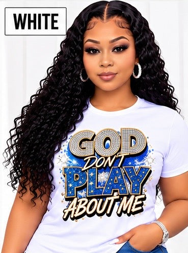 100% Cotton Women’s Christian T-Shirt | “God Doesn’t Play Games With Me” Rhinestone Denim-Look Graphic Tee