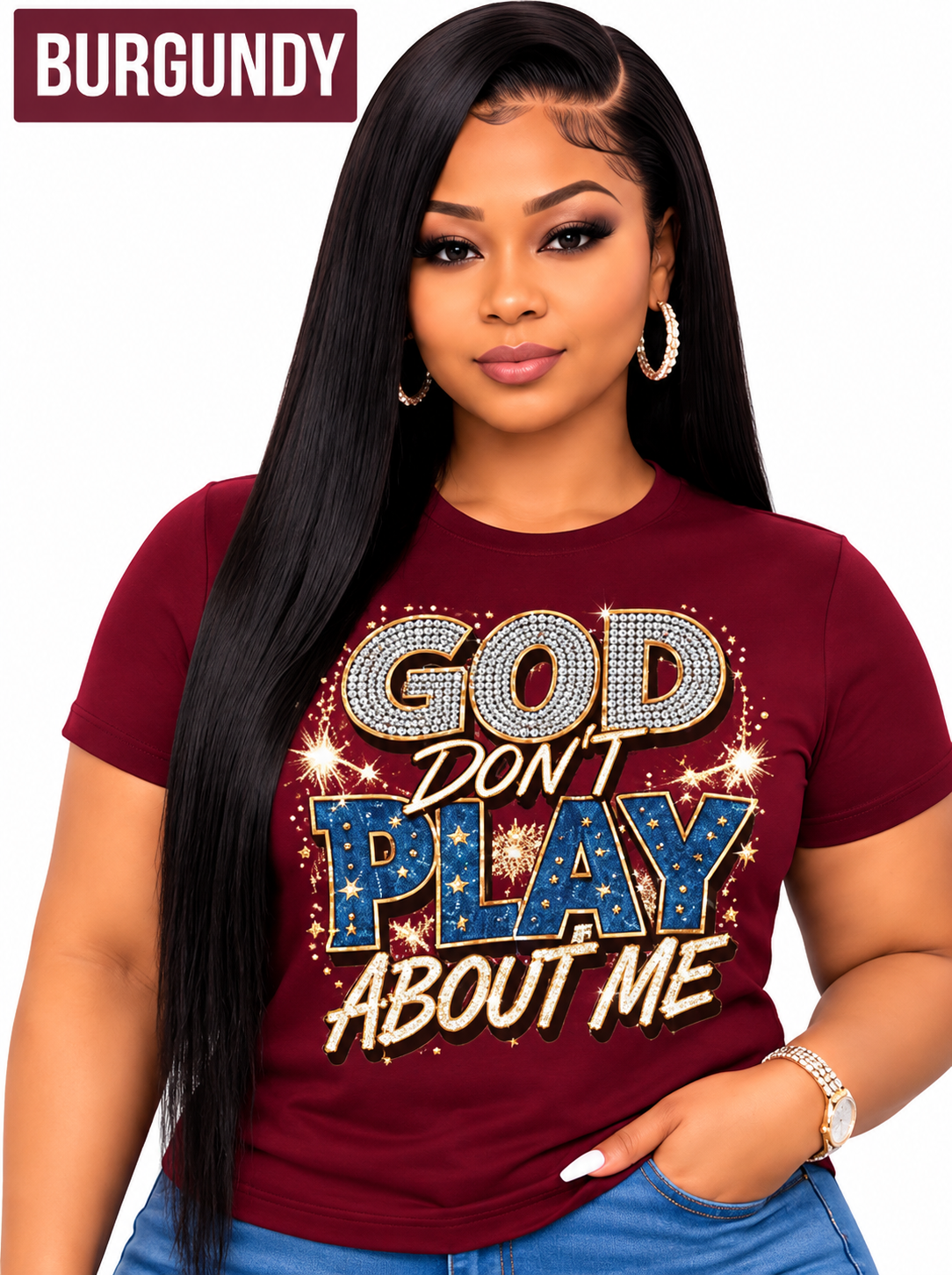 100% Cotton Women’s Christian T-Shirt | “God Doesn’t Play Games With Me” Rhinestone Denim-Look Graphic Tee