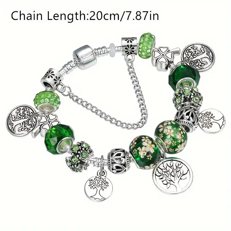 Stunning Green Bead Silvery Tree of Life Bracelet