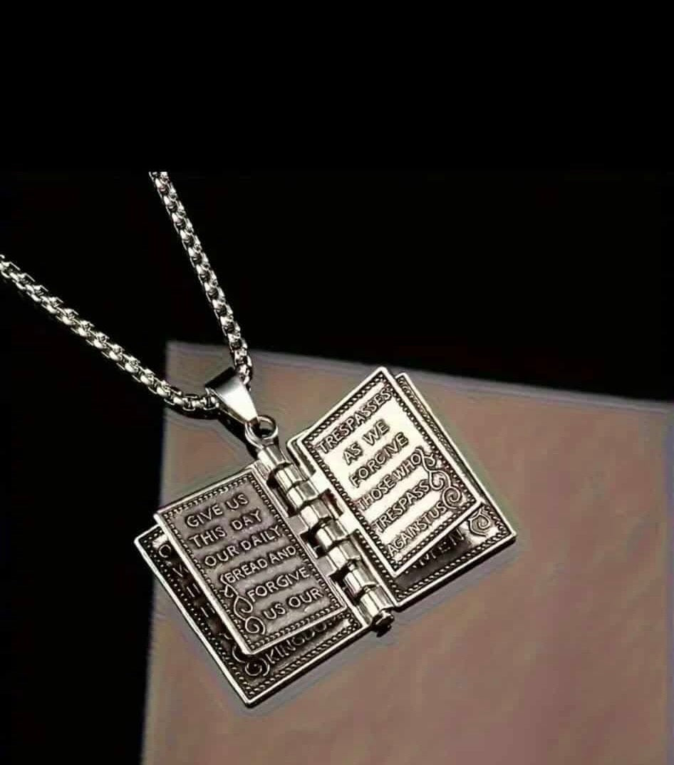 Stainless Steel Lords Prayer Necklace with Open Bible Pendant