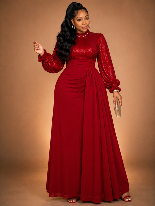 Regular & Plus Size Women's Elegant Sequin Embellished Long Sleeve Fit & Flare Dress, Suitable For Banquet, Party, Wedding Guest, New Year, Christmas , Fall
