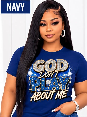 100% Cotton Women’s Christian T-Shirt | “God Doesn’t Play Games With Me” Rhinestone Denim-Look Graphic Tee