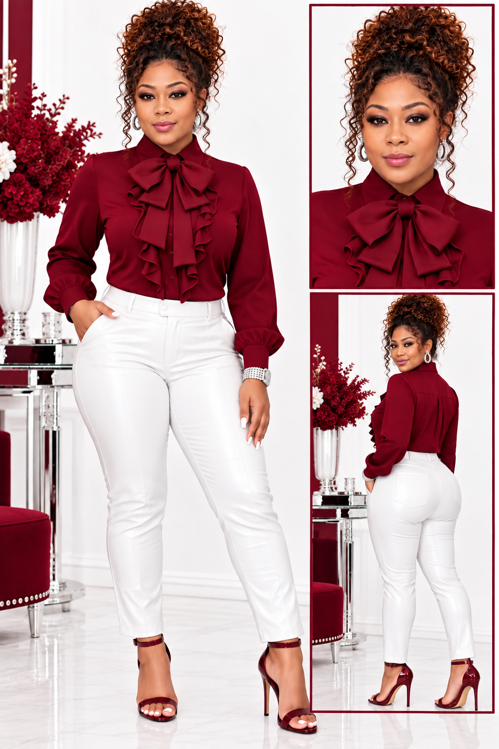 Women's Elegant Long Sleeve Blouse, Wine Red With Tie Collar, Ruffle And Bow Details, Regular Fit Top, Suitable For Work, Spring, Church
