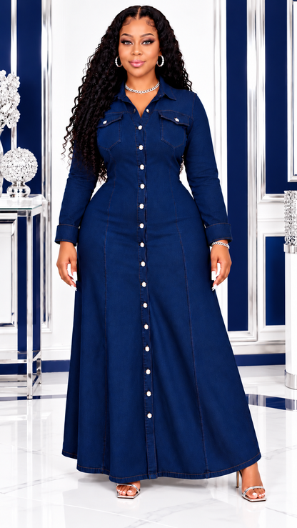 Step out in style with this elegant dark blue denim dress! Designed to flatter your curves with a stylish, slimming silhouette. Perfect for fall and winter, casual outings, work, or special occasions. Available in plus