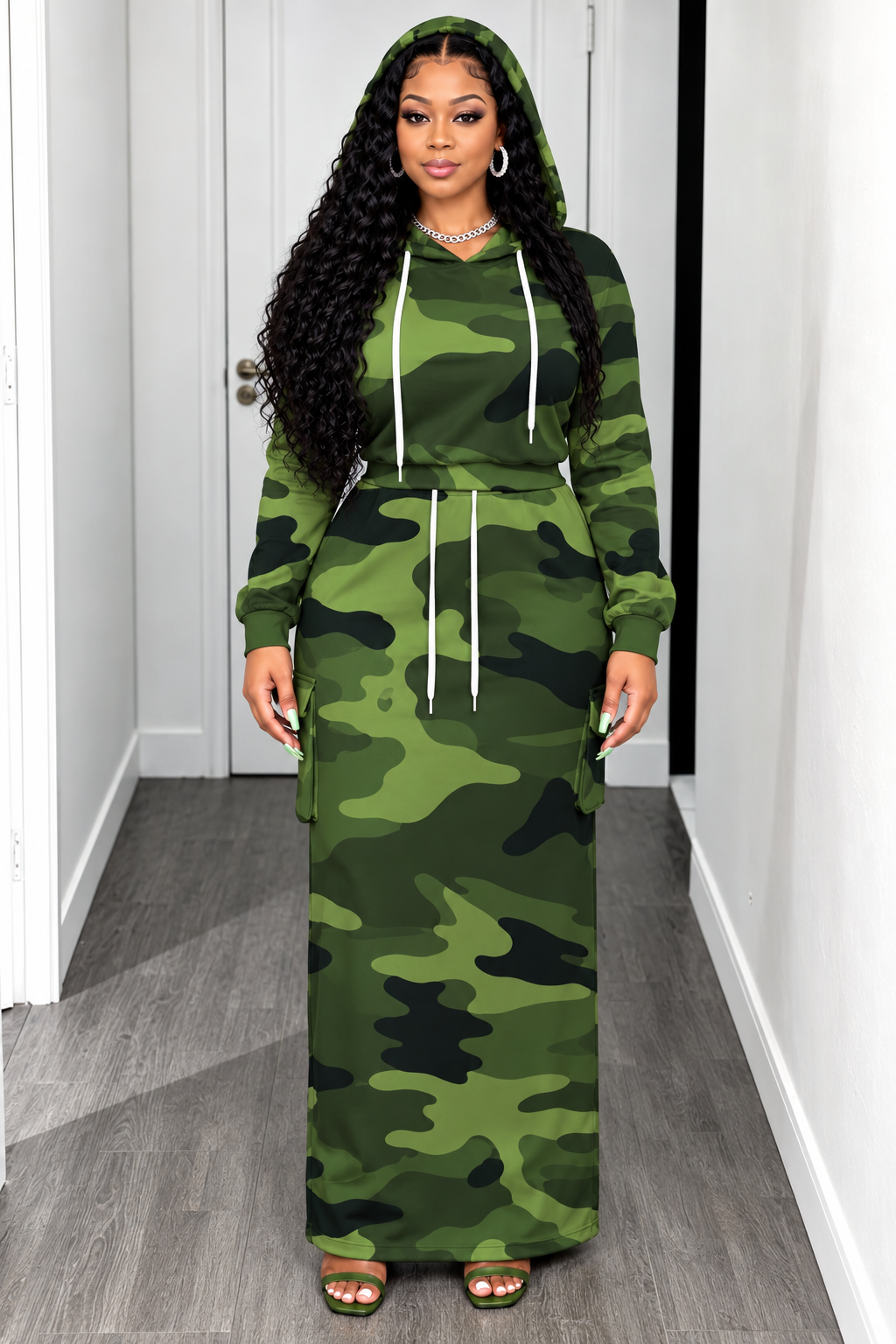 Stylish Plus-Size Two-Piece Hooded Top and Maxi Skirt Set